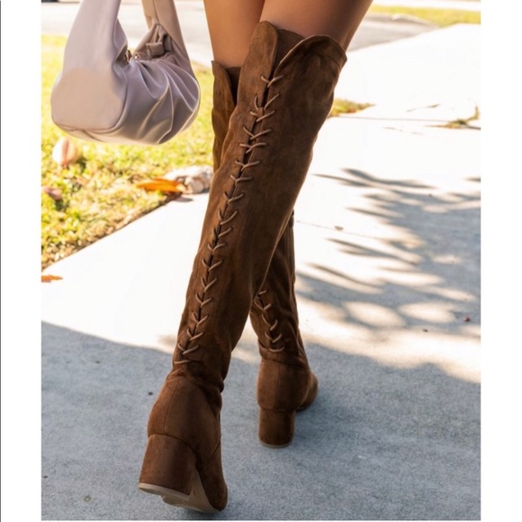 Tan Over The Knee Chunky Low Heel Lace Up Boots - Picture 1 of 9